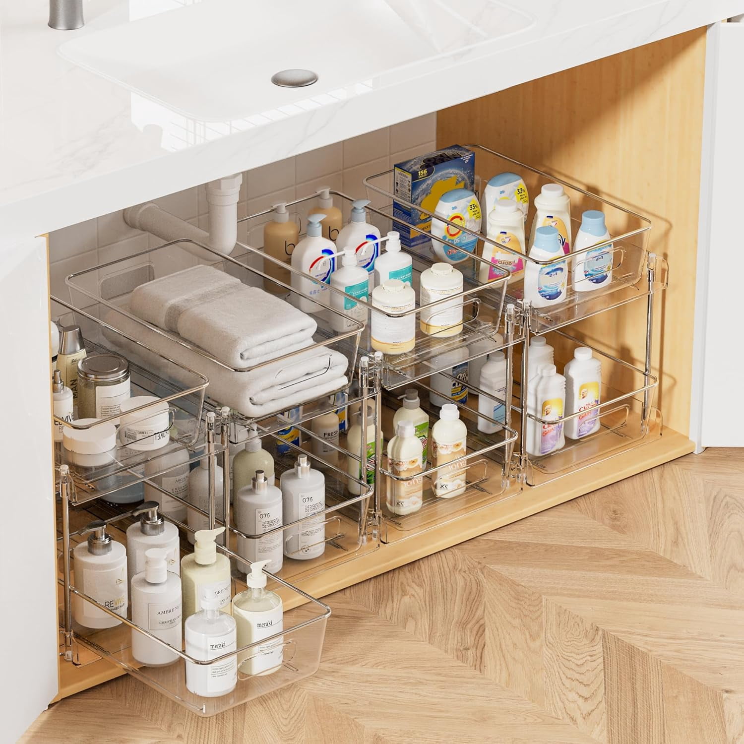 2 Pack Bathroom Organizer, 2 Tier White Under Sink Organizers Vanity Countertop Storage Container,Cabinet Drawers Bins, Pull-Out Organization with Track for Pantry, Kitchen