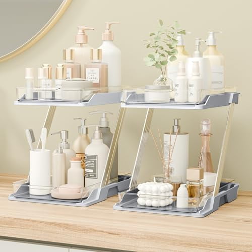 2 Pack Bathroom Organizers and Storage - Multi-Purpose,2-Tier Clear Pull Out Organization for Bathroom,Under Sink,Kitchen,Vanity,Countertop,Cabinet,Pantry & Medicine Cabinet,Grey