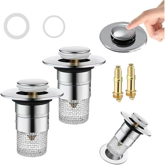 2 Pack Bathroom Sink Drain Strainer, Pop Up Sink Drain Stopper with Removable Stainless Steel Filter Basket Hair Catcher for Us Bathroom Sink Stopper Replacement (Silver + Brass Core)