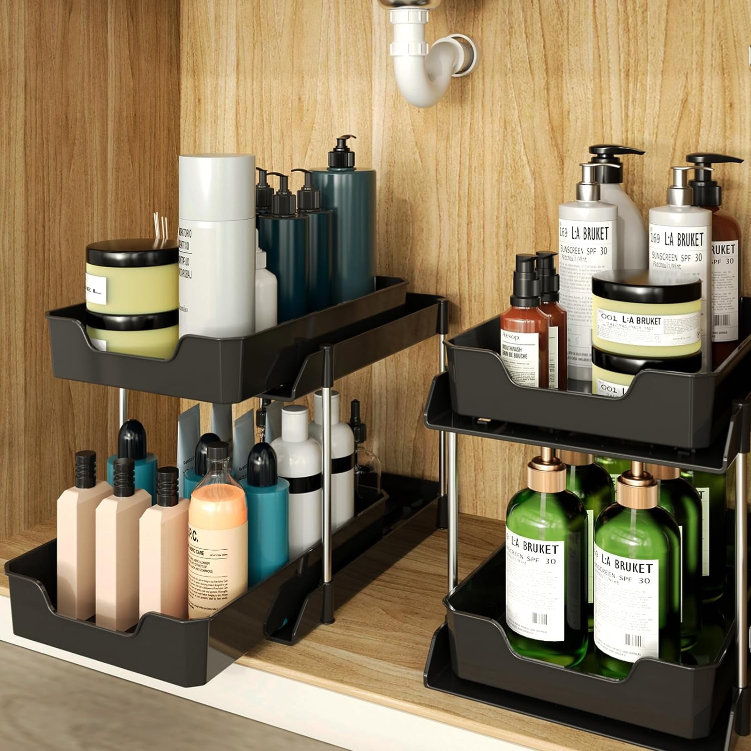 2-Pack Pull-Out Cabinet Organizer Drawers - Under Sink, Pantry, Closet Storage (11.8"W X 16"D)