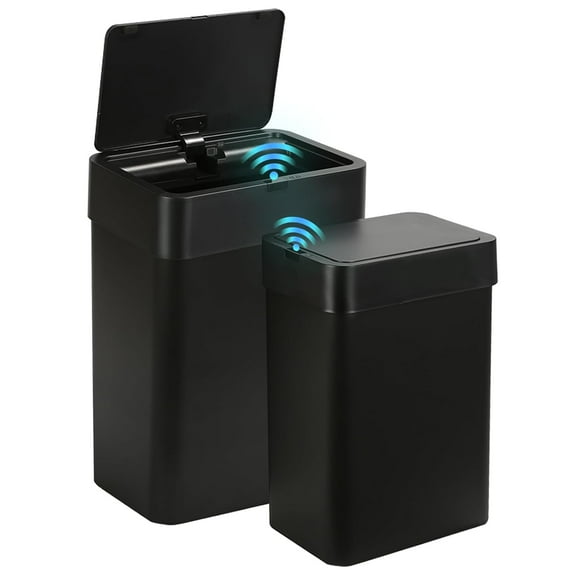2 Pack Bathroom Trash Can with Lid - 2.5 Gal and 4 Gal Motion Sensor Garbage Bin, Smart Rubbish Bin, Waterproof Slim Dustbin, Automatic Plastic Trash Can for Bathroom, Office, Black