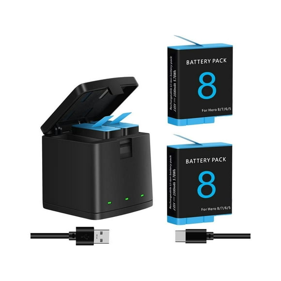 2 Pack Batteries for Gopro Hero 8 7 6 5 Black Battery Charger and 3-Channel LED USB Storage Charger, Fully Compatible with Hero 8 7 Black Go Pro 5 6 7 8 1500mAh Battery