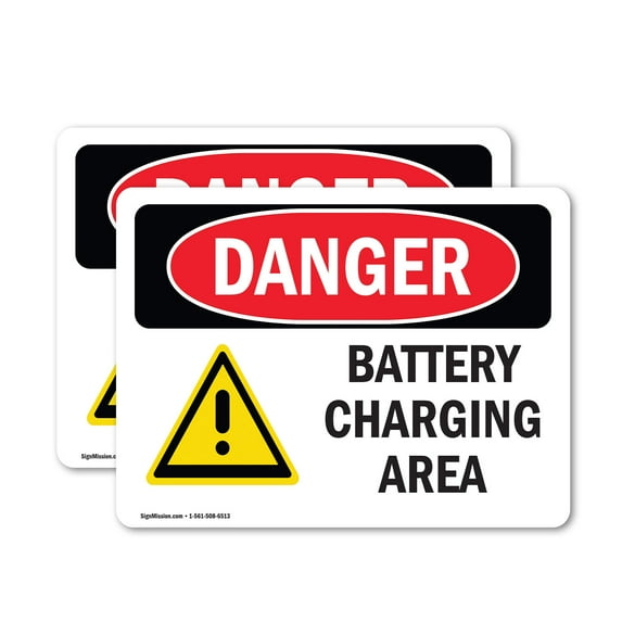 (2 Pack) Battery Charging Area OSHA Danger Sign 14 Inch X 10 Inch Vinyl Label Decal Sticker Weather Resistant, UV Protected for Workplace, Business, and Construction Site, Made in the