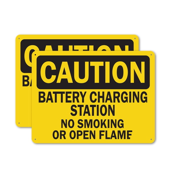 (2 Pack) Battery Charging Station No Smoking Or Open Flames OSHA Caution Sign 24 Inch X 18 Inch Indoor / Outdoor Rust-Free Aluminum Metal Signs for Workplace, Workshop, and Construction Site