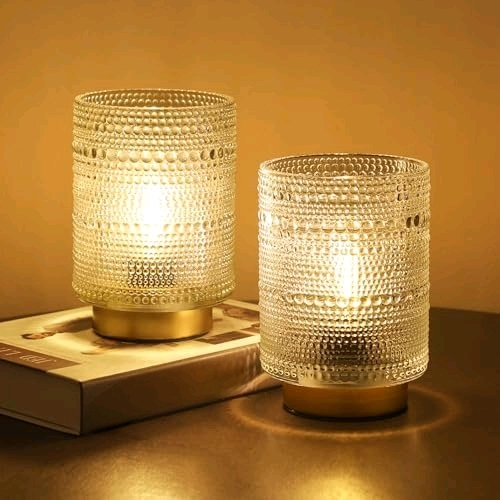 2 Pack Battery Operated Decorative Aesthetic Lamp with Timer for Dorm/Office/ Patio/Bedside/,Small Cordless Table Lamps with LED Warm Bulb for Shelf/Coffee Table/Entryway/ Mantle/Dresser Decor(Clear)