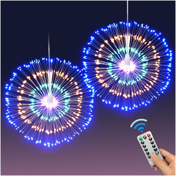 [2 Pack] Battery Operated Firework String Lights, 240 LED Curtain Lights Home Decor, 8 String Lights Patterns with Copper Wire Remote Control for Christmas Bedroom Wedding Colors