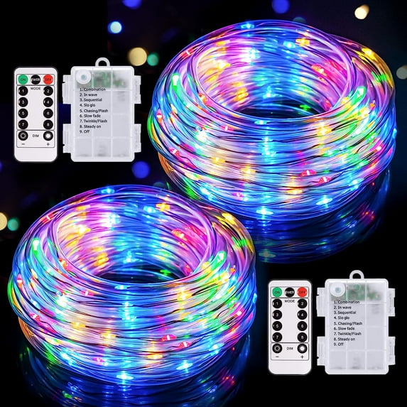 2 Pack Battery Operated LED Rope Lights, Multi-colored Tube Fairy String Lights with Remote, Each 72ft 200 LED Indoor Outdoor Christmas Lighting for Party Garden Walkway Patio Decorations