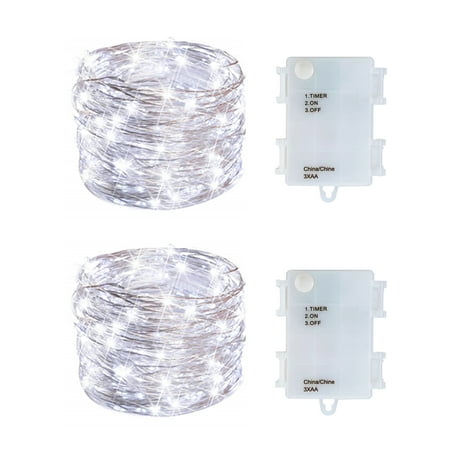 2 Pack Battery Operated Mini Led Fairy Lights Dewdrop Garland Lights with Timer 6 Hours on/18 Hours Off for Wedding Party Decorations,50 Leds 18 Feet Silver Wire (Cold White)