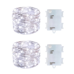 2 Pack Battery Operated Mini Led Fairy Lights Dewdrop Garland Lights with Timer 6 Hours on/18 Hours Off for Wedding Party Decorations,50 Leds 18 Feet Silver Wire (Cold White)