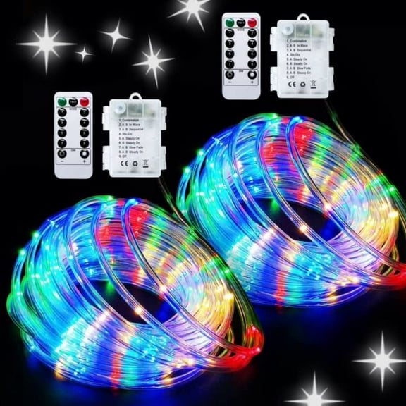 2 Pack Battery Operated String Lights Outdoor, Total 200 LED 8 Modes Battery Powered Rope Lights with Remote &Timer, Christmas Light for Car Trampoline Tree Camping Garden Decor (Multicolor)