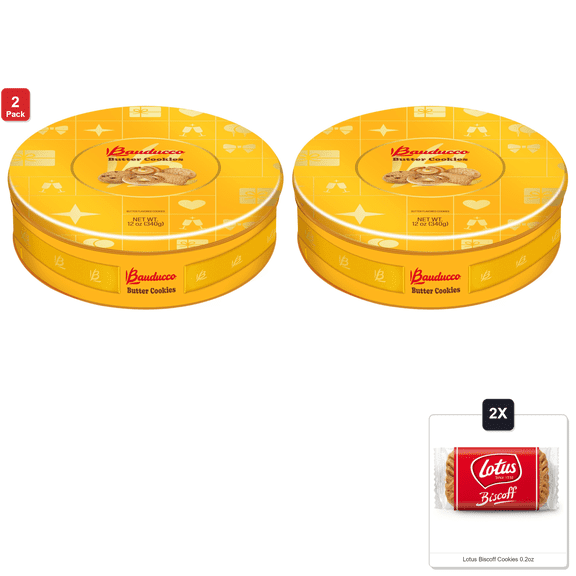 2 Pack | Bauducco Assorted Butter Cookies Tin, 12 Oz Traditional Danish Shortbread Style Cookies, Perfect Holiday Gift Or Sweet Snack Treat - No Artificial Colors & 2x Lotus Biscoff Cookies 0.2oz