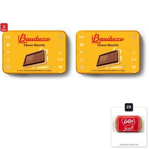 2 Pack | Bauducco Choco Biscuit Cookies Gift Tin  Crispy Chocolate-Covered Biscuits, Individually Wrapped For Snacking 5.7 Oz - 9pcs & 2x Lotus Biscoff Cookies 0.2oz