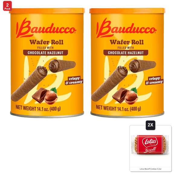 2 Pack | Bauducco Wafer Rolls, Chocolate Hazelnut, 14.1 Oz - Crispy Cream-Filled Cookies - Gourmet Rolled Wafer Sticks - Premium Dessert Treat & 2x Lotus Biscoff Cookies 0.2oz