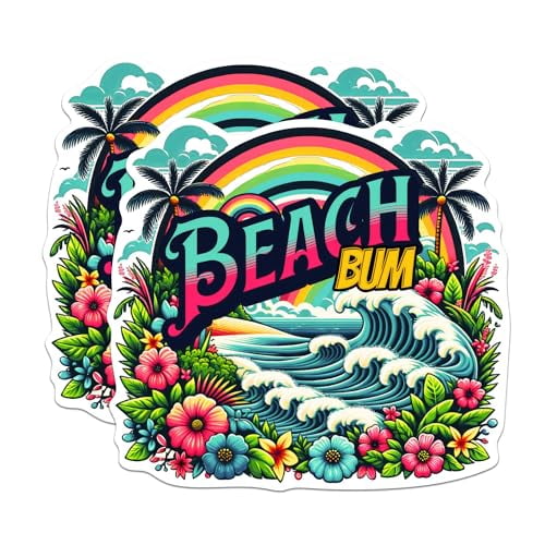 (2 Pack) Beach Bum Stickers - Cool Retro Beautiful Ocean Lover Surfer Sticker - 5 Inches On Longest Side - Premium Vinyl - for Cars, Trucks, Skateboards, Laptops - Made in USA - BMCS0593