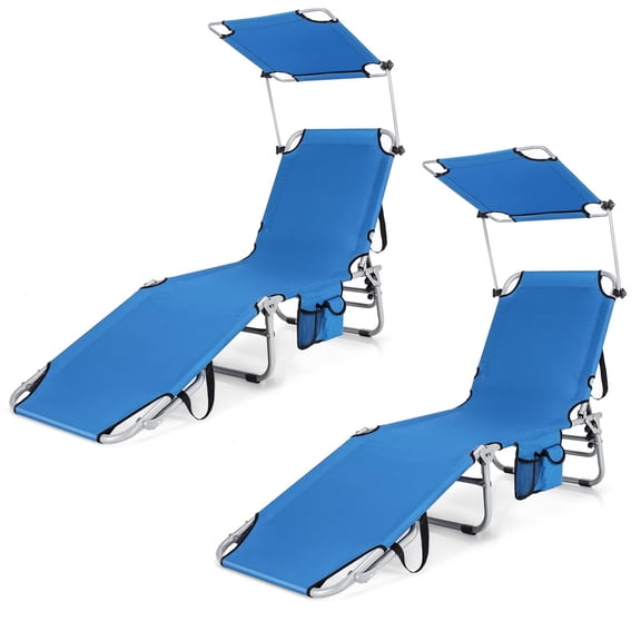 2 Pack Beach Chairs with 360 Canopy Shade, Foldable Chaise Lounge Adjustable Backrest, Portable for Pool Beach Garden, Storage Pocket, Navy