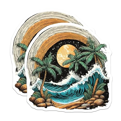 (2 Pack) Beach Sunset Magnets Magnets - Tropical Palm Trees - Ocean Wave Scene - 5" On Longest Side - Made in USA - Sticks to Refrigerators & Metal Surfaces - MAG9262