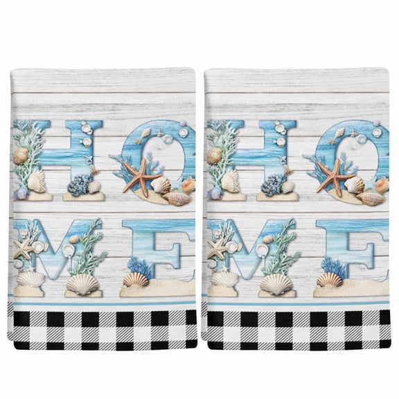2 Pack Beach Theme Home Kitchen Towels Retro Shell Starfish Wood Grain Black Plaid Decorative Dish Towel Sets Absorbent Quick Dry Hand Cloths Tea Towels for Cooking Baking Farmhouse Gifts 18x28in