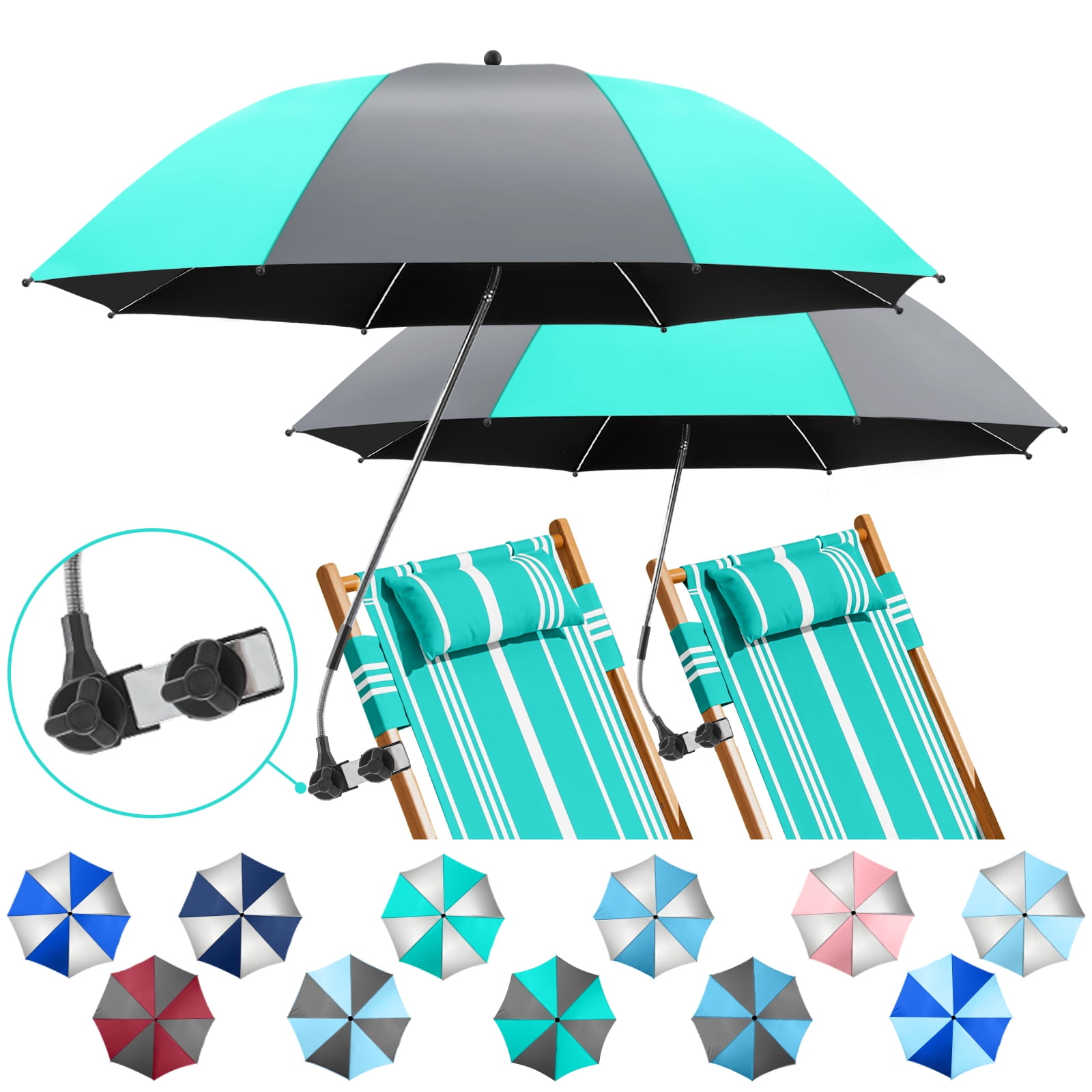 2 Pack Beach Umbrella With 360 Universal Clamp UPF50 Umbrella Outdoor 