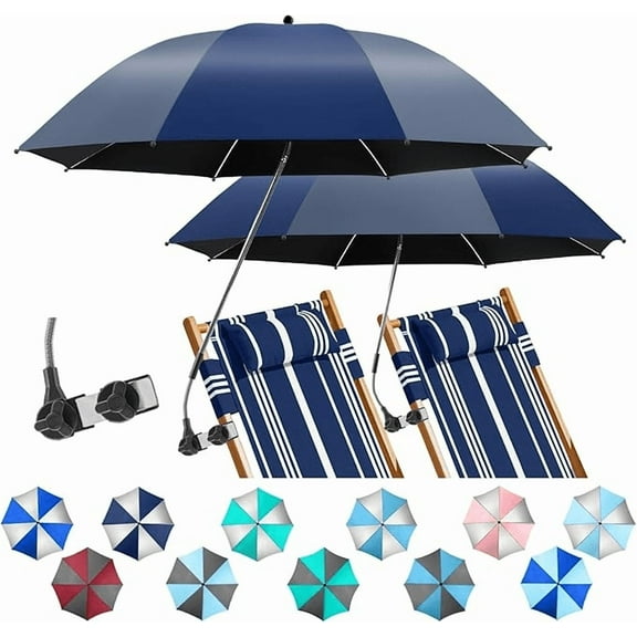 2 Pack Beach Umbrella with 360 Universal Clamp, UPF50+ Umbrella Outdoor Patio Sun Protection for Chairs, Beach &Patio Use (Ink Blue/Iron Grey, Not Include Chair)