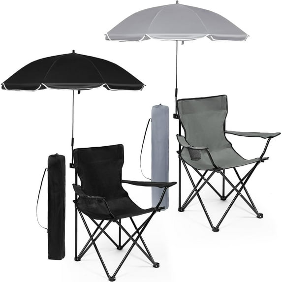 2 Pack Beach Umbrella Chairs Folding Camping Portable Beach Chairs with Canopy Shade Adults with Cup Holder and Carrying Bag for Camping Hiking Travel Picnic Outdoor Events (Black and Grey)