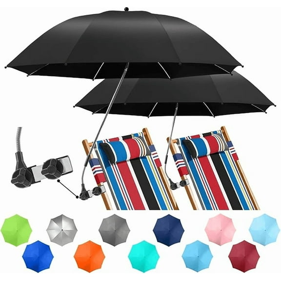 2 Pack Beach Umbrella with 360 Universal Clamp, UPF50  Umbrella Outdoor Patio Sun Protection for Chairs, Beach &Patio Use (Black, Not Include Chair)