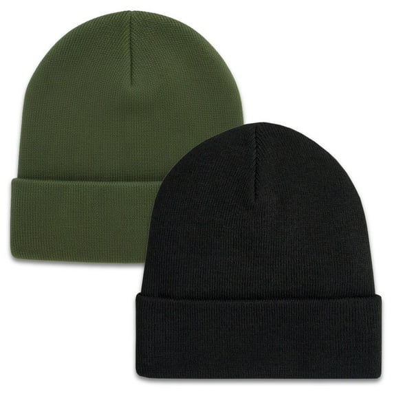 2 Pack Beanie Hats for Women & Men, Winter Hat Unisex Knitted Cuffed Plain Skull Caps Green