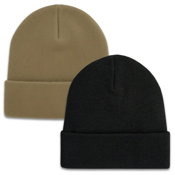 2 Pack Beanie Hats for Women & Men, Winter Hat Unisex Knitted Cuffed Plain Skull Caps Khaki