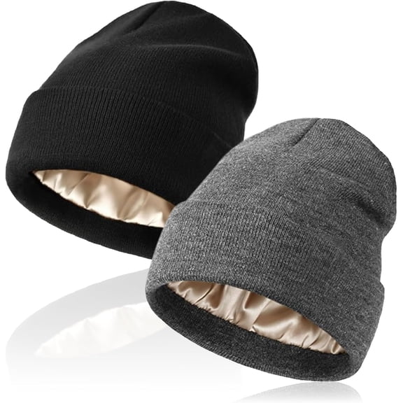 2 Pack Beanie Hats for Women & Men Winter, Satin Lined Beanies, Double Layer Warm Womens Winter Hats