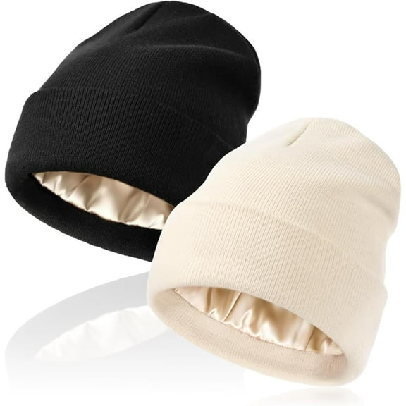 2 Pack Beanie Hats for Women & Men Winter, Satin Lined Beanies, Double Layer Warm Womens Winter Hats