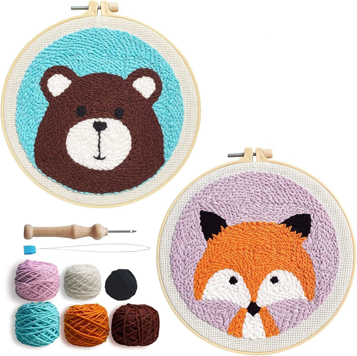 2 Pack Bear,Fox Easy Punch Needle Embroidery Starter Kits for Kids and Adults Beginners with Punch Needle Tool,Threader, Stamped Fabric Embroidery,Hoop,Pen, Punch Needle Kits