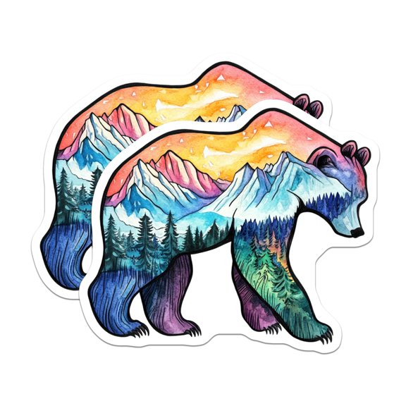 (2 Pack) Bear Magnets - Mountain Landscape - Watercolor Art Fridge Decor - 5" On Longest Side - Premium Magnet - for Cars, Refrigerators, Toolboxes, Lockers - Made in USA - MAG16225