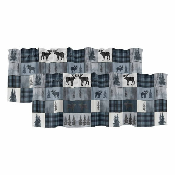 2 Pack Bear Moose Valance for Window Blue Retro Forest Wild Animal Buffalo Plaid Patchwork Kitchen Valance Rod Pocket Short Curtain Topper Decorative Window Treatment for Living Room Bedroom 42"x18"