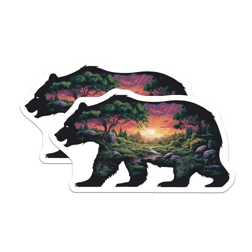 (2 Pack) Bear Nature Scene Magnets - Scenic Wildlife - Bear Shaped Magnet for Fridge - Forest Animal Art Magnets - 5" On Longest Side - for Cars, Fridges, Toolboxes - Made in USA - MAG6415