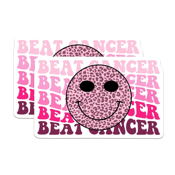 (2 Pack) Beat Cancer Stickers - Leopard Smiley Face - Awareness Decals - 5" On Longest Side - Sticks to Smooth Flat Surfaces - Made in USA - BMCS17054
