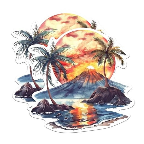 (2 Pack) Beautiful Nature Sunset Magnet with Volcano and Palm Trees - Cool Nature - 5 Inches On Longest Side - Premium Magnet - for Cars, Refrigerators, Toolboxes - Made in USA - MAG1737