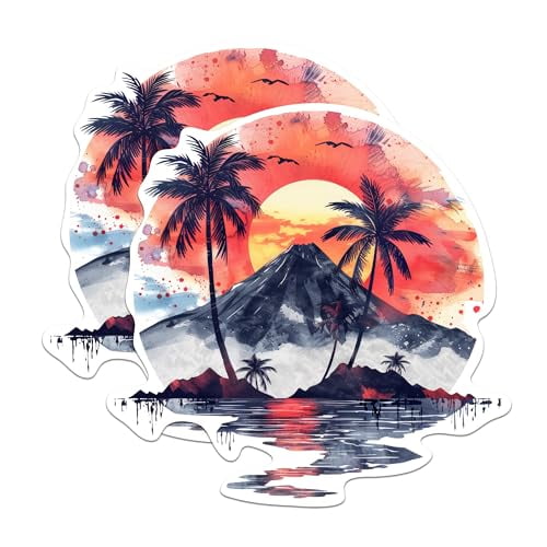 (2 Pack) Beautiful Sunset with Volcano and Palm Trees and Ocean - Nature Lover - Beach Bum - 5 Inches On Longest Side - Premium Magnet - for Cars, Refrigerators, Toolboxes - Made in USA - MAG1739