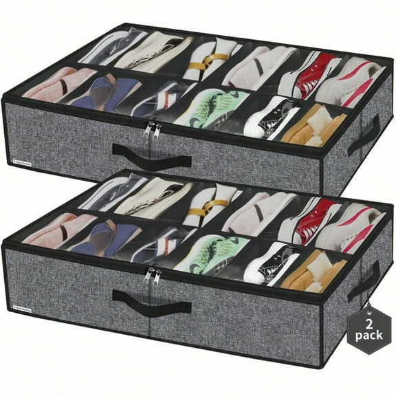 2-Pack Under Bed Shoe Storage Organizers - Holds 24 Pairs Total, 29.3x23.6x5.9 Inches, Clear Cover & Breathable for Bedroom Closet (Excl. Men's Sports Shoes)