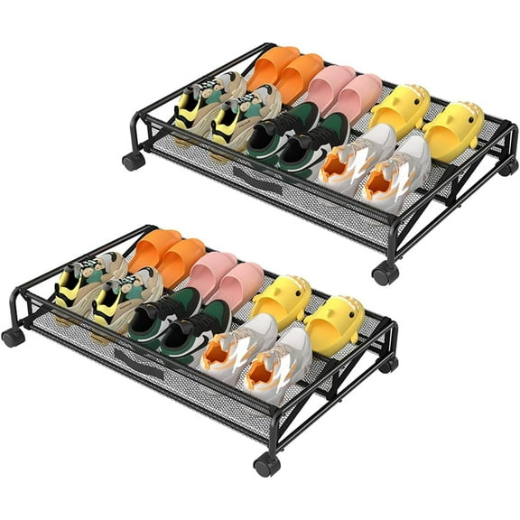 2 Pack Under Bed Shoe Storage Organizers with Wheel and Handles -Underbed Storage Container Boxes with Removable Foldable Mesh Fabric and Carbon Steel Pipe Fits 24 Pairs Shoes 29.3" x 27.2 x 6.3"