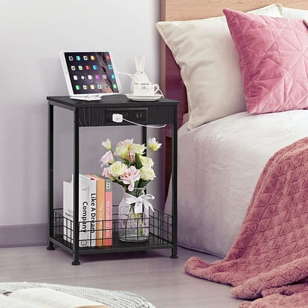 2 Pack Bed Side End Table Nightstand with USB Ports & Storage Basket Bedroom