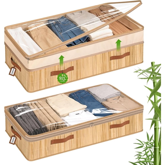 2 Pack Under Bed Storage, 6-10 inches Height Adjustable Underbed Storage Containers, 92L XXXL Large Under Bed Storage Bins with Clear Lid & Label for Clothes, Blankets, Sweater, Shoes