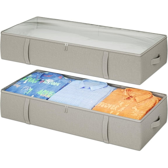 2-Pack Under Bed Storage Containers, 8 Inches Tall Underbed Clothes Storage Organizer Bin with Sturdy Sidewalls/Bottom, Under the Bed Storage Bags 2 Storage Bins, Light Grey