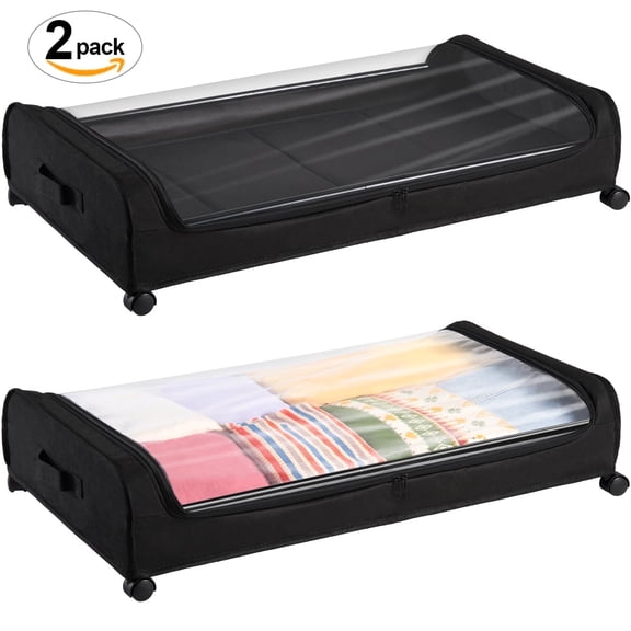 2 Pack Under Bed Storage Containers, Under Bed Shoe Storage With Wheels, Bedroom Storage Organization with Handles, Under Bed Storage Bins Drawer For Clothes, Blankets, Shoes, Bedding-Black