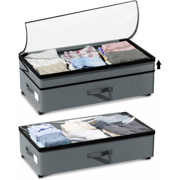 2-Pack Under Bed Storage Containers with Wheels, 75L Each Underbed Storage Organizer with Clear Handles, Collapsible Under Bed Storage Boxes for Clothes, Bedding, Max Load 80 LBS, Gray