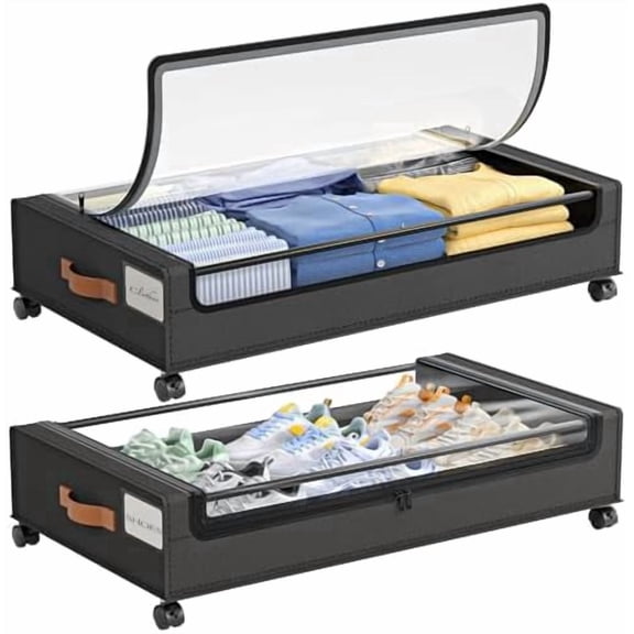 Under Bed Storage with Wheels, 2 Pack Under Bed Storage Containers with Clear Lid, XXL 60L Underbed Storage Bins, Rolling Under Bed Metal Drawers for Clothes, Blankets, Shoes, Black