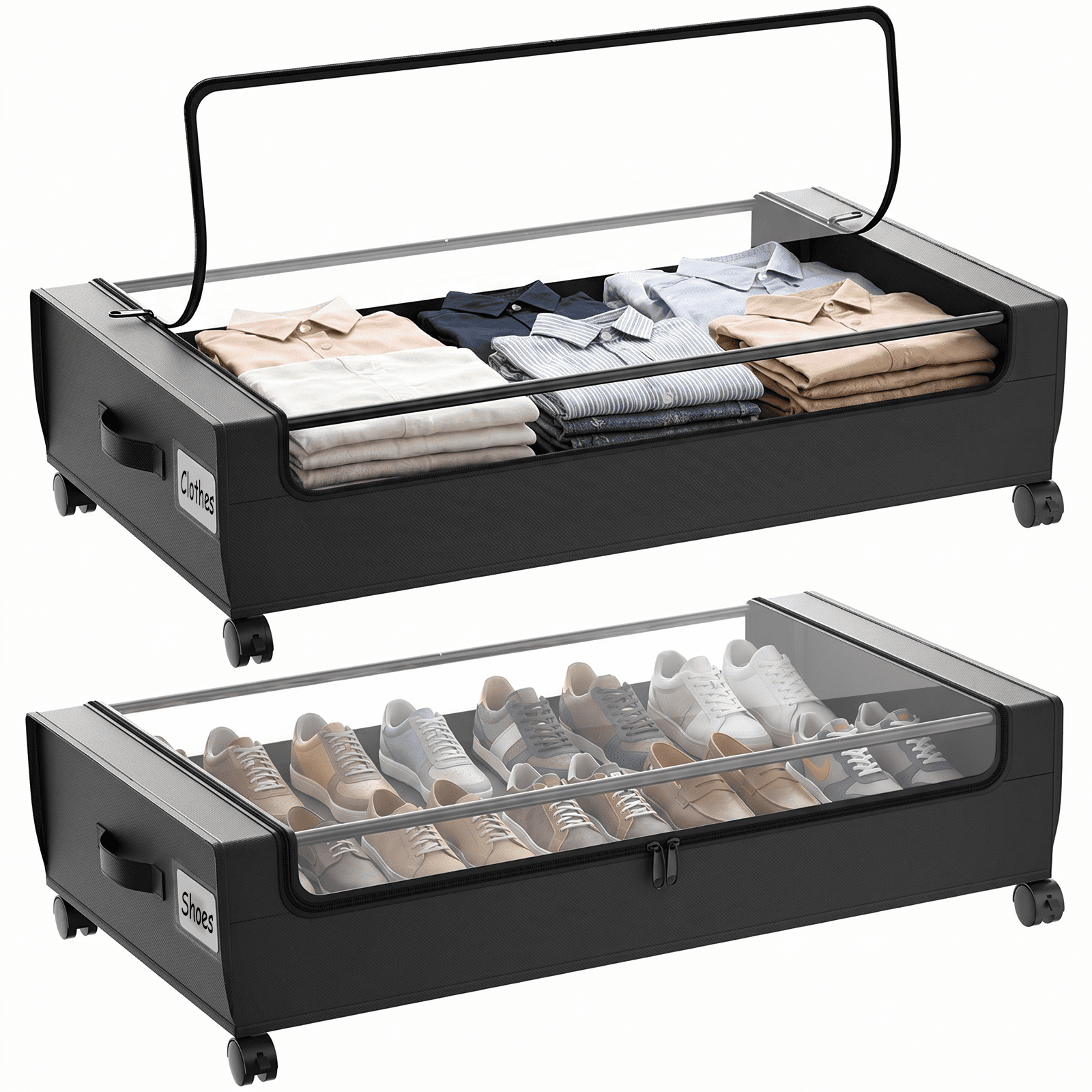2-Pack Under Bed Storage with Wheels, Black Under Bed Storage Containers, Underbed Shoe Storage Organizer, Rolling Under Bed Metal Drawers for Clothes, Blankets(31.5 x 17.3 x 6.8 in)