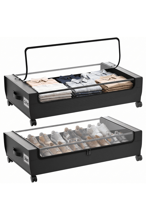 2-Pack Under Bed Storage with Wheels, Black Under Bed Storage Containers, Underbed Shoe Storage Organizer, Rolling Under Bed Metal Drawers for Clothes, Blankets(31.5 x 17.3 x 6.8 in)