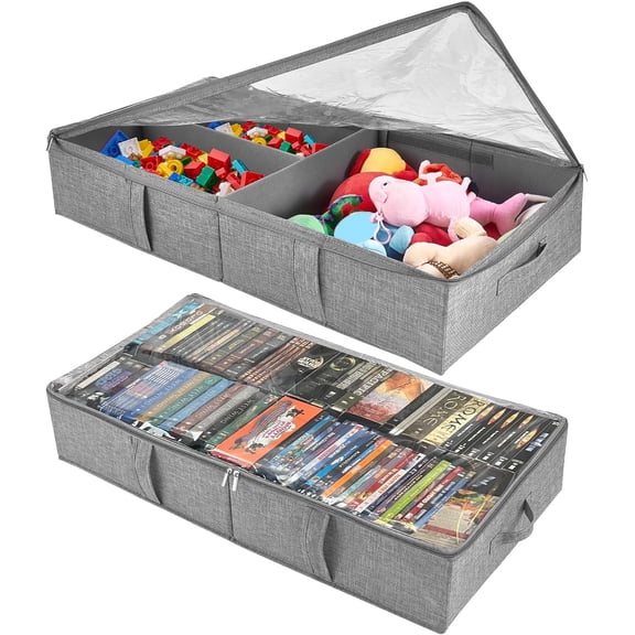 2-Pack Under Bed Toy Storage Boxes, Grey Toy Organizer with Clear PVC Lid, Foldable Under Couch Storage Bins (31.8165.9in), Toys Storage Containers for Plush Dolls, Books, Clothes, Shoes & Blankets