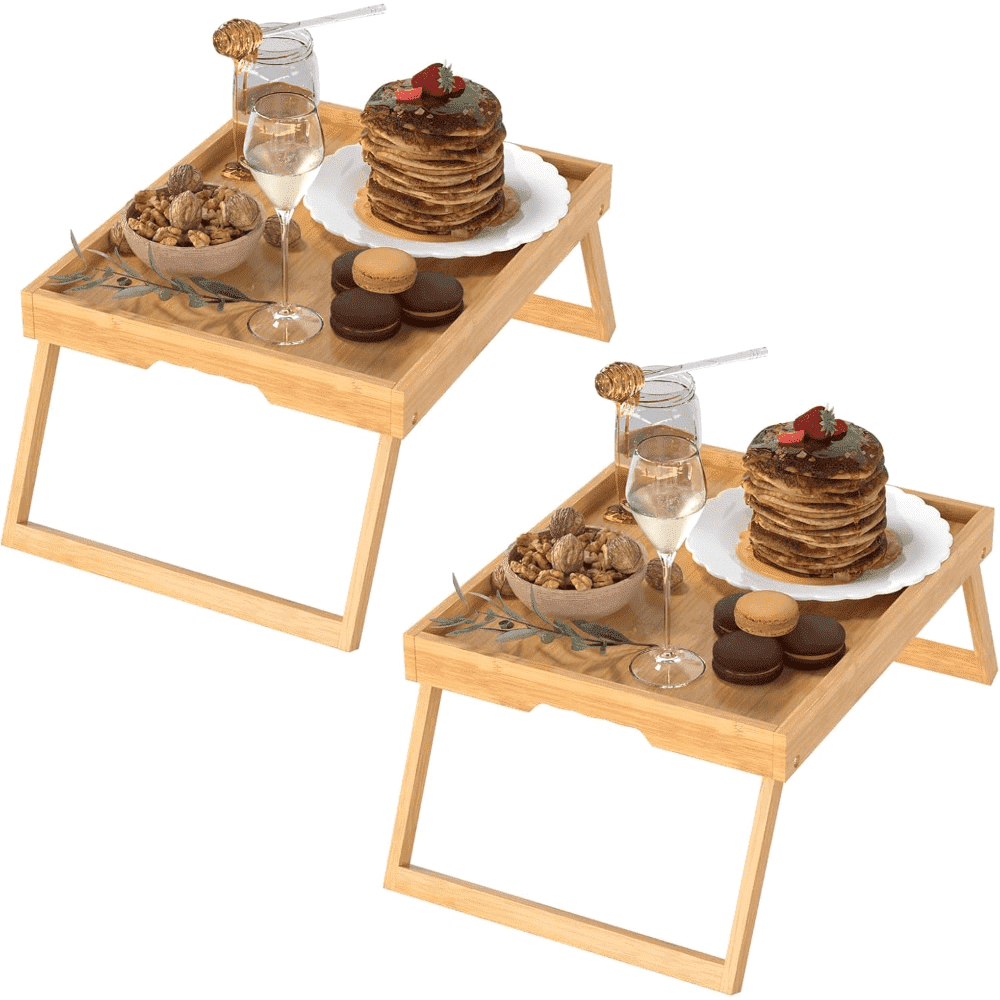 2 Pack Bed Tray Table with Foldable Legs, Bamboo Breakfast Tray for Sofa, Beds, Eating, Working, TV Table, Food, Dinner, Computer Trays, Laptop Desk Snack Folding Trays in Bed, Brown