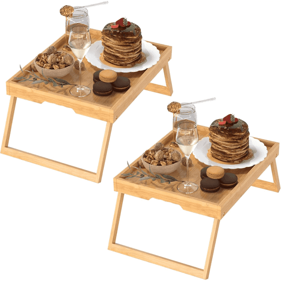 2 Pack Bed Tray Table with Foldable Legs, Bamboo Breakfast Tray for Sofa, Beds, Eating, Working, TV Table, Food, Dinner, Computer Trays, Laptop Desk Snack Folding Trays in Bed, Brown