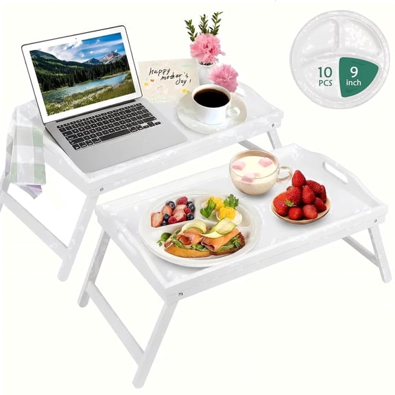 INNOVATIVE LIFE Folding Tray Table for Beds, 2-Piece Set, Ideal for Dining or Working on Sofas or Beds, White